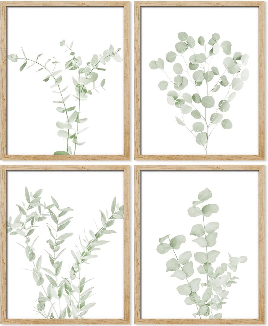 SIGNWIN Framed Pastel Watercolor Green Leaves Wall Art, Set of 4 Nature Wilderness Wall Decor Prints, Botanical Floral Wall Dcor for Living Room, Bedroom - 12"x16" Natural