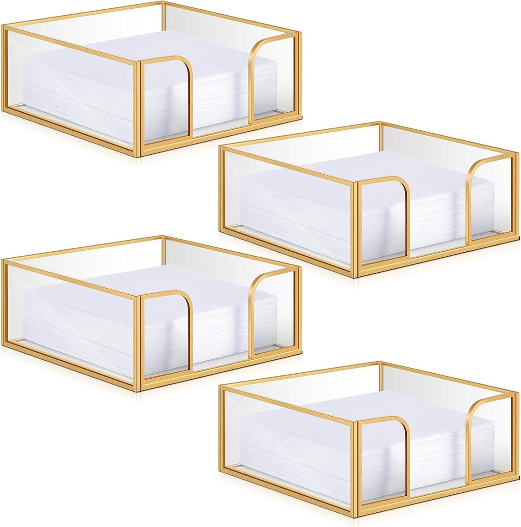 LemonRoad 4 Pcs Square Gold Napkin Holder for Table 5.7 x 5.7 Inch Decorative Cocktail Napkin Holder Glass Flat Paper Basket for Kitchen Dining Buffet Bar Counter Wedding Party Restaurant Bar Hotel