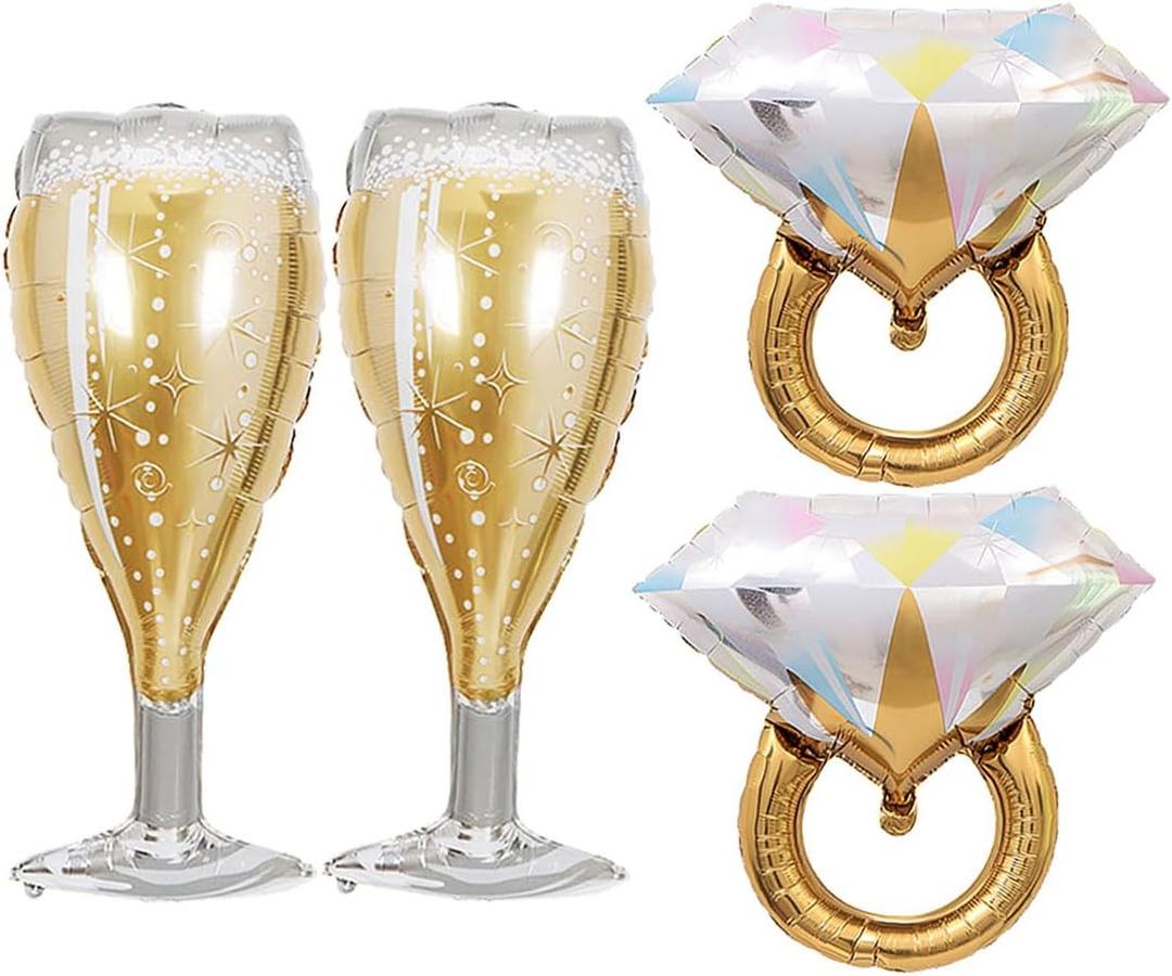 4PCS Bride Diamond Ring Mylar Balloons Champagne Glass Foil Balloon for Bachelorette Marriage Engagement Wedding Bridal Shower Birthday Party