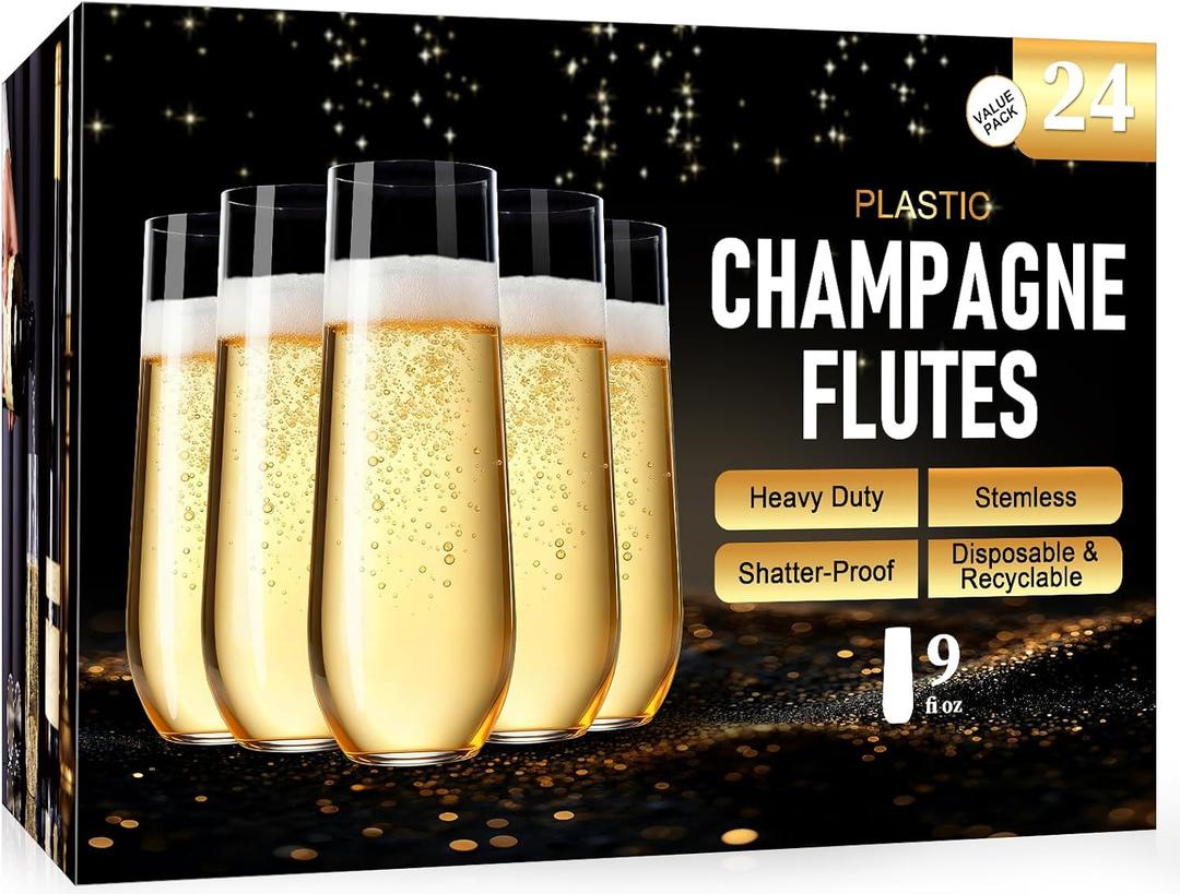 Guanqiao 24 Pack Stemless Plastic Champagne Flutes, 9 oz Clear Disposable Plastic Glasses, Heavy Duty Shatterproof Recyclable Mimosa Glasses for Party Wine Tasting Wedding New Years Eve Party Supplies