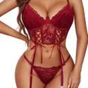 Avidlove Women's Lingerie 4 Piece Garter Lingerie Floral Lace Bra and Panty Sets with Underwire S-XXL (Medium, A-pure Wine Red)