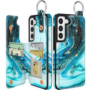 Shorogyt for Samsung S22 Wallet Case with Card Holder - Cute for Women Men Girls Designer Cyan Pattern Kickstand Magnetic Clasp Back Flip Folio Leather Phone Cases for Galaxy S22