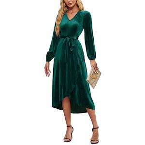 ETOSELL Women's Velvet V Neck Puff Sleeve Dress for Wedding Guest Cocktail Elegant Bodycon Party Midi Dress Green, XL