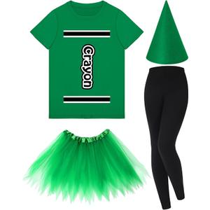 Mepase Crayon Costume Set Crayon T Shirt Tutu Skirt Gnome Cone Hat Leggings for Women Teacher (Medium, Green)