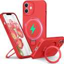 Liquid Silicone Case for iPhone 12 with Magnetic Ring Stand, Upgraded Camera Lens Protection, Mil-Grade Drop Shockproof, Soft Anti-Scratch Microfiber Lining Silicone Case (Red)