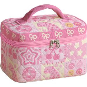 Large Quilted Makeup Bag for Women Preppy Aesthetic Cosmetic Case Travel Toiletry Organizer with Handle Girly Vanity Skincare Brushes Accessories