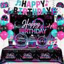 208pcs Karaoke Party Decorations Complete Tableware Set, for 25 Guests, Karaoke Birthday Party Decorations, Disposable Plates, Pre-strung Banner, Tablecloths for Music Birthday Decor