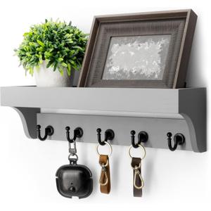 Rebee Vision Decorative Key Holder for Wall - Modern Farmhouse Wall Mount Mail Organizer Keys Hanger with Floating Shelf, 5 Rustic Key Hooks for Entryway Home Decor (Gray)