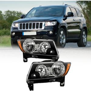 Headlights Assembly Pair for 2011-2013 Jeep Grand Cherokee & 2011-2017 Jeep Compass Halogen Headlights Headlamps L+R (Black)