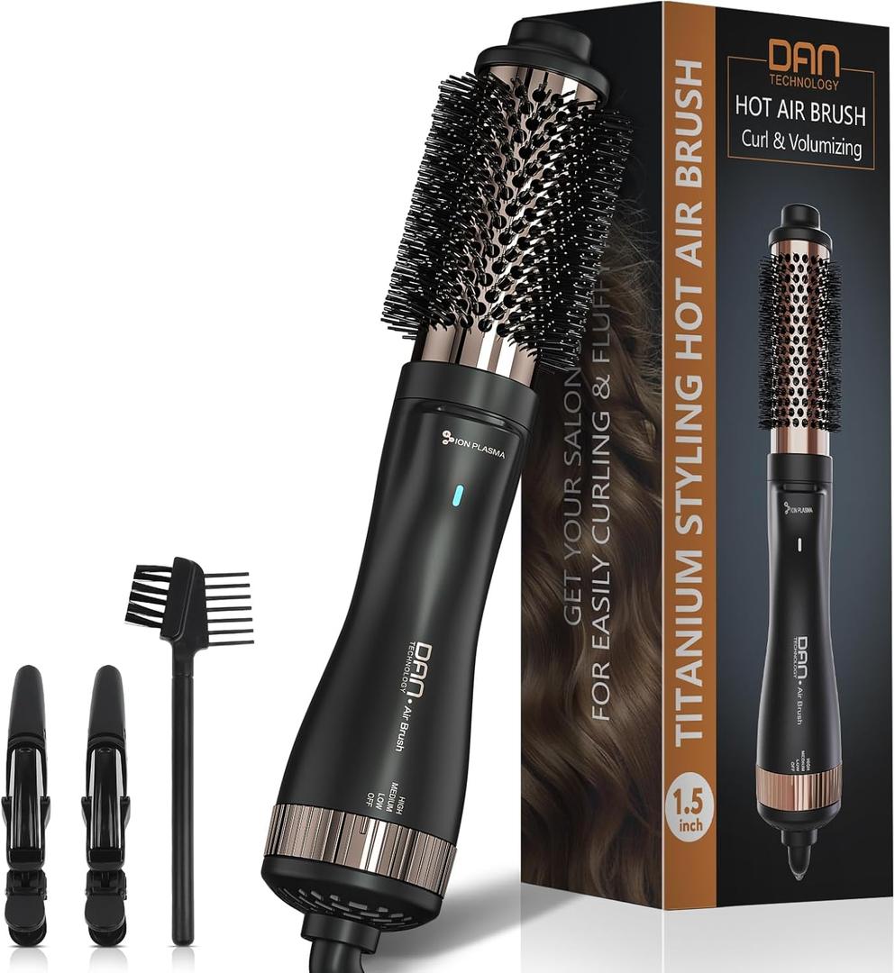 Dan Technology 1.5 Inch Titanium-Ceramic Hot Air Thermal Brush, Heated Round Barrel Blowout Brush with Negative Ions for Smooth Volume & Shiny Hair, Gentle Airflow, 2 Speeds & 3 Heat Settings, 120V