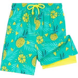UMELOK Boys Swim Trunks with Compression Liner Toddler Swimsuit, 2T 3T, Green Pineapple