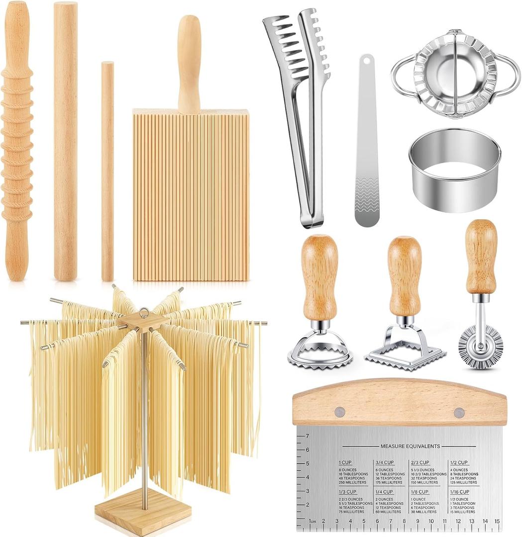 Tioncy 13 Pcs Pasta Making Tool Include Stainless Steel Pasta Drying Rack Gnocchi Board with Roller Ravioli Rolling Pin Pasta Tong Dough Scraper Ravioli Stamp Empanadas Press Mold Maker for Kitchen