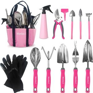 Monios-L Garden Tool Set, Gardening Supplies for Gardener, Stainless Steel Heavy Duty with Non-Slip Ergonomic Handles, Pink Yard Tools Gifts with Storage Tote Bag and Extra Succulent Kits