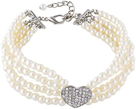 RayMinsino Pet Collar with Four Rows of Pearl dot Diamond Necklace Adjustable Heart-Shaped Love Cats and Dogs Decorative Jewelry
