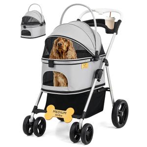 4 Wheel Foldable Pet Stroller - Lightweight Dogs and Cats Stroller Upto 50lbs with Mesh Canopy, Storage Basket and Cup Holder, Durable for Walks and Outings (Medium)