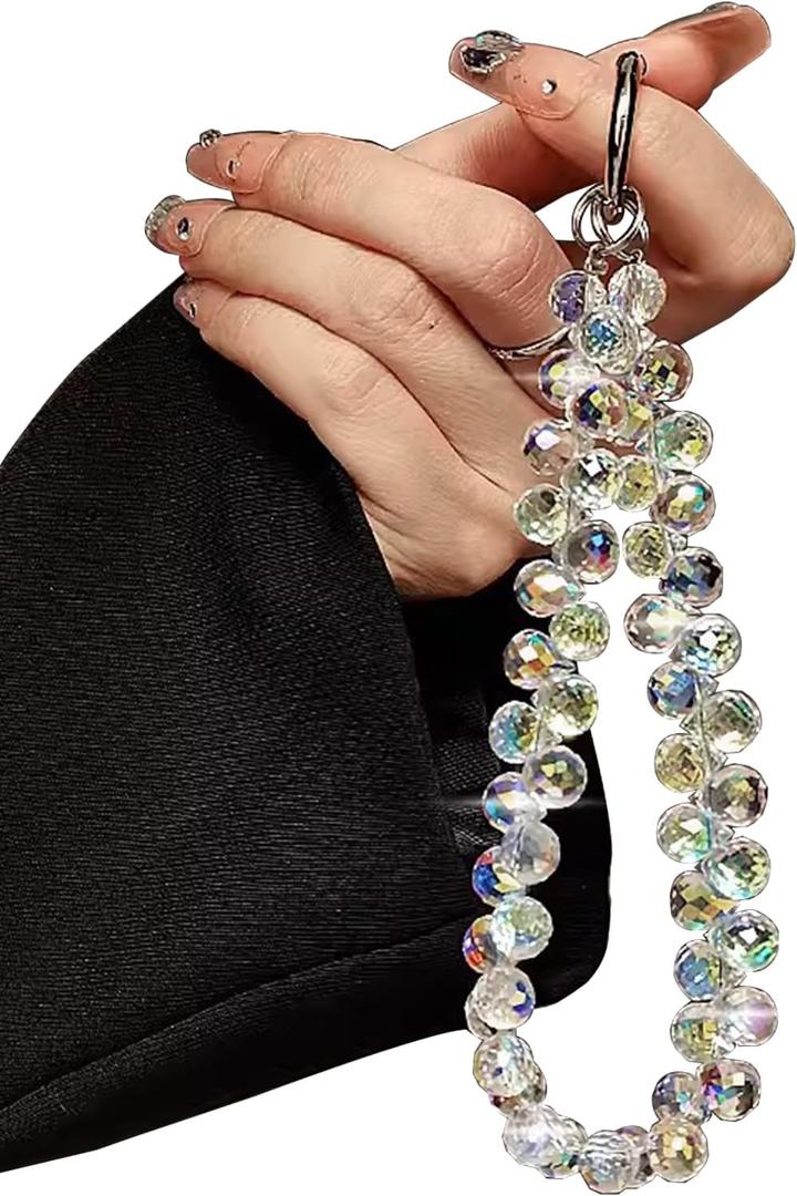 TENOC Beaded Phone Wrist Strap, Cellphone Lanyard Chain, Sparkling Wristlet Bracelet for Women, White
