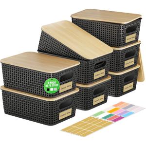 7 Pcs Plastic Storage Bins with Bamboo Lids and Labels 5.29qt Stackable Box Basket Pantry Decorative Containers, Small Storage Baskets for Desktop Organizing Shelves Bedrooms Cabinets 10*7.2*4.1"