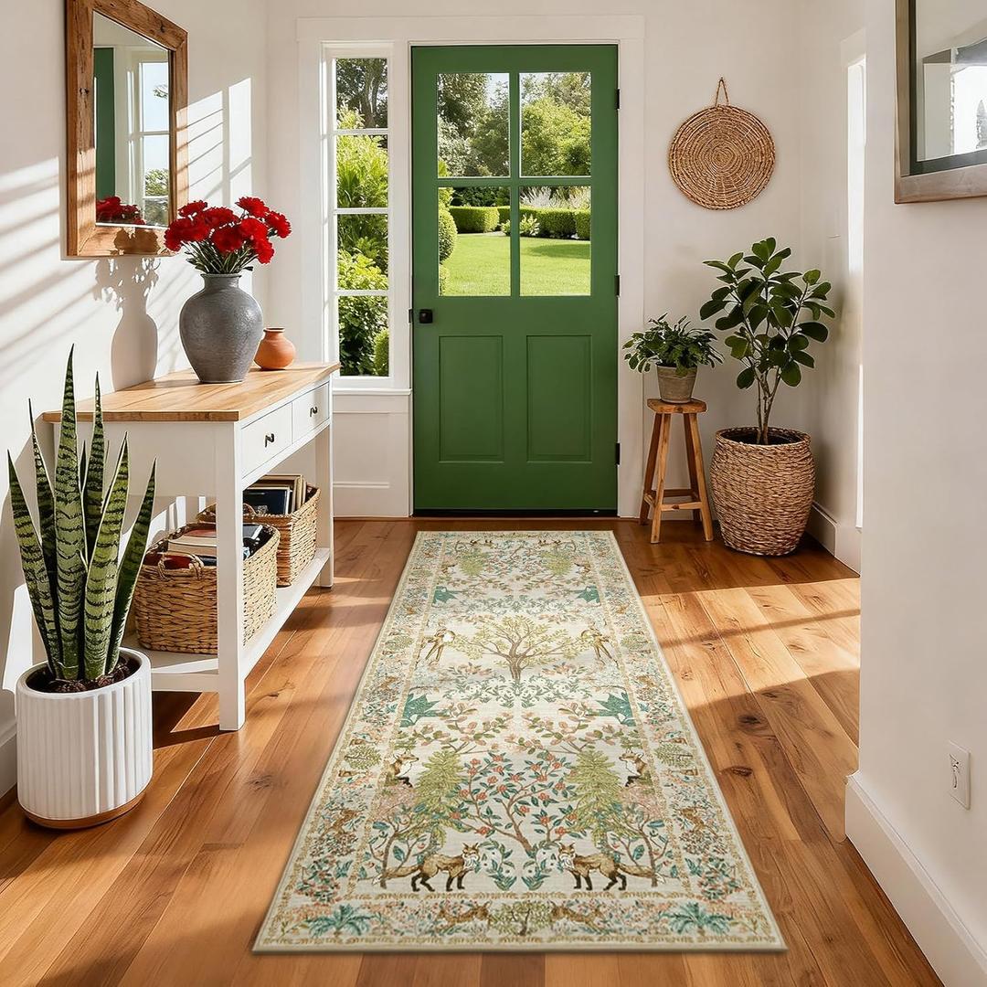 GarveeHome Forest 2x6 Rug Kitchen Runner Rug Non Slip Washable Stain Resistant Runners for Hallways Christmas Animal Jungle Print Low Pile Soft Holiday Carpet for Bedroom Laundry Room,Beige