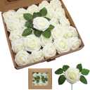 Artificial Roses Flowers 50pcs Real Looking Foam Fake Roses with Stems for DIY Wedding Bouquets Bridal Shower Centerpieces Party Decorations (50, Milk White)