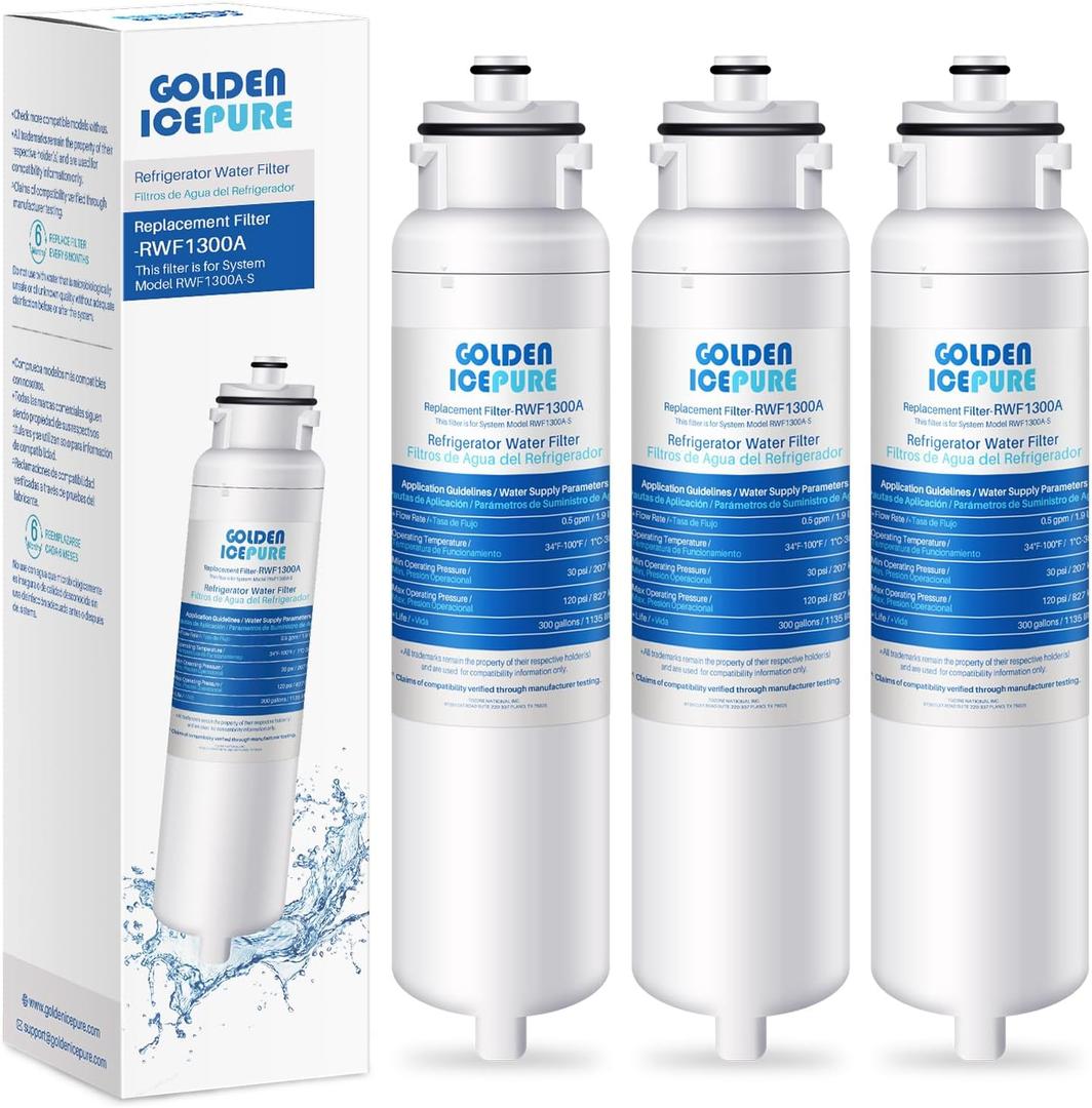 GOLDEN ICEPURE RWF1300A Water Filter Replacement for Daewoo DW2042FR-09, DW2042FB, Kenmore 469130, Aqua Crystal DW2042F-09, FRN-Y22D2V, FRN-Y22D2W,3PACK