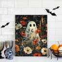 2 x Daktenn Halloween Canvas Wall Art, Cute Floral Ghost In Haunted Forest Poster, Funny Dark Romantic Ghost Print Decorations, Dark Academia Halloween Wall Decor 12x16in White