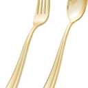 BUCLA 200-Piece Heavy Duty Disposable Cutlery Set - 100 Gold Plastic Forks, 100 Gold Plastic Spoons for Catering, Parties, Dinners, Weddings
