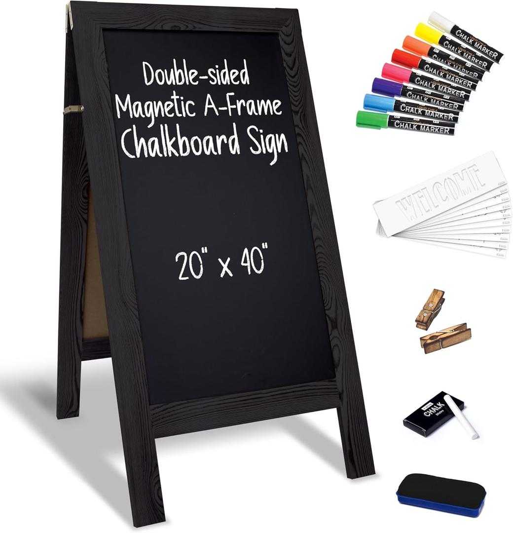 Better Office Products Magnetic A-Frame Chalkboard Sign, Extra Large 20" x 40", Standing Chalkboard Easel, Deluxe Set with Multiple Accessories, Outdoor Sidewalk Sandwich Board Sign, (Black)