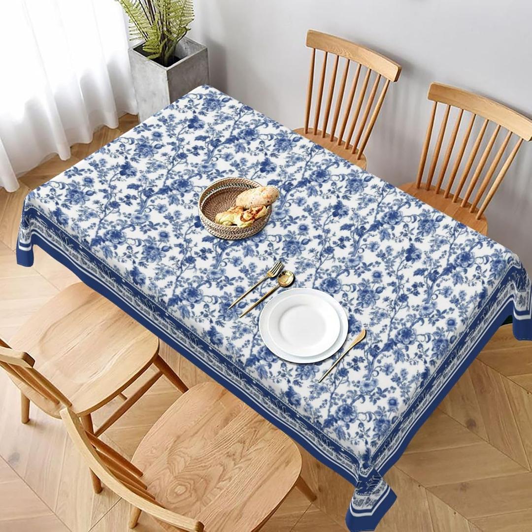 Blue Floral Tablecloth Rectangle 60x120 Inch Vintage Navy Blue Floral Tablecloth Polyester Fabric Spring Summer Boho Flowers Table Cover for Home Holiday Party Dining Picnic Outdoor Decor