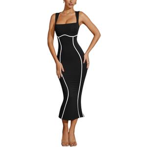 Lrady Women's Square Neck Dresses Long Sleeve Contrast Binding Split Bodycon Mermaid Evening Cocktail Party Dress (1# Black, XS)