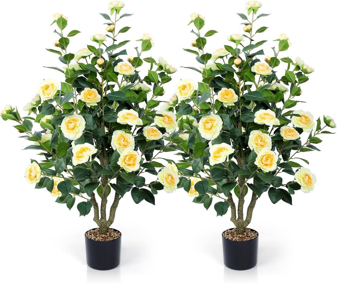 Artificial Camellia Tree 2 Pack 42" Faux Camellia Plant in Pot with 32 Blooming Flowers Fake Flower Tree Greenery Potted Plant for Indoor Outdoor Office Home Porch Decor Yellow