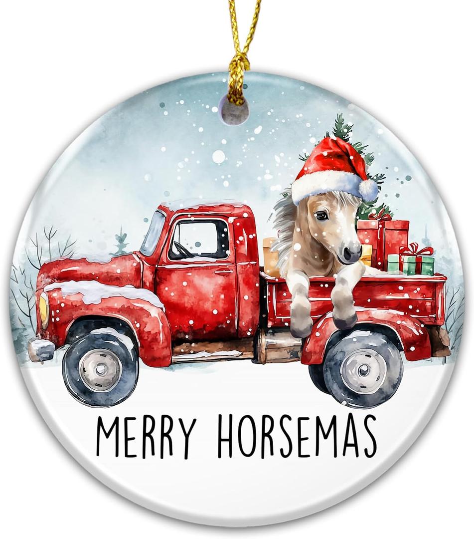 5 x Horse Ornament 2025, Merry Horsemas Christmas Ornament  Red Truck with Horse Wearing Santa Hat  Ceramic Tree Decoration with Gift Box  Holiday Farmhouse Ornament for Horse Lovers