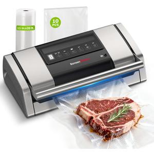 Bonsenkitchen Vacuum Sealer for Food, Easy-Lock Handle Vacuum Sealer Machine with Bag Clip, Built-in Cutter and Bag Storage for Sous Vide and Meal Prep, 1 Roll Bag & 10 Pre-Cut Bags, Silver