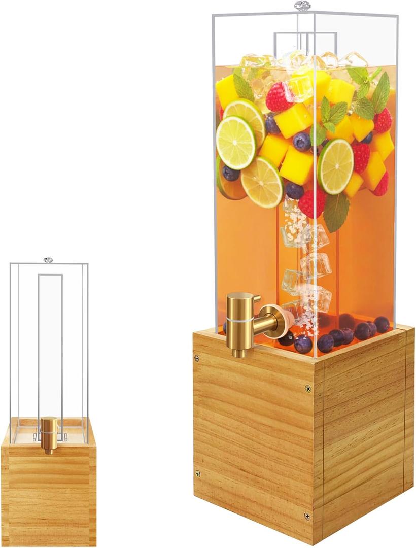 2 Gallon Drink Dispenser for Parties, Beverage Dispenser with Airtight Valve, Large Water Drink Dispenser, Water Dispenser with Wood Stand, Lemonade Dispenser for Water, Juice,Cocktails,Ice Tea