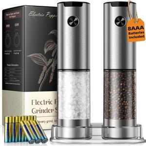 Electric Salt and Pepper Grinder Set, Battery Automatic Salt and Pepper Shaker with Adjustable Coarseness, Large Capacity Pepper Mill with LED Kitchen Appliances(Battery-Stainless Steel)