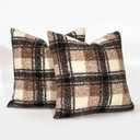 JOJOGOGO Fall and Winter Brown Buffalo Plaid Sherpa Pillow Covers 16x16 Set of 2, 16 x 16 Brown Autumn Sweater Accent Throw Pillows, Cozy Fluffy Curly Sherpa Farmhouse Checkered Pillow Covers