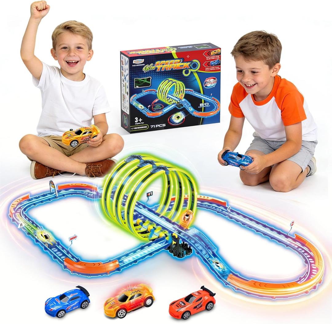 Glow Slot Car Race Track Set, 71 Pcs Glow-in-The-Dark Track Toy for Kids Ages 3-8, Electric Speed Car Light-Up Whole Tracks, 360 Magic Triple Loops, 1:64 Scale Pull-Back Cars, Toy Gift for Boys Girls
