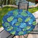 Round Fitted Tablecloth with Elastic Edged, Fall Tablecover Leaves, Waterproof Wipeable Round Table Cover for Party, 54"-58", 60Inch (F-palm Tree)