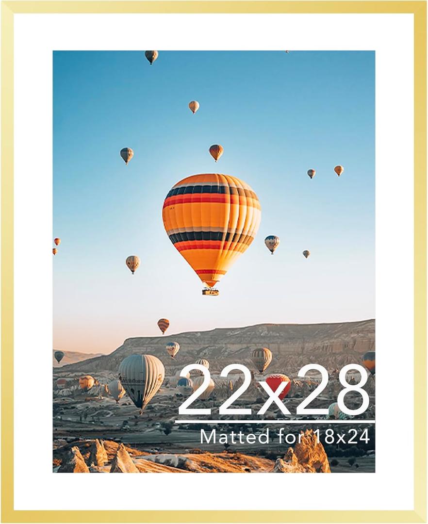 JCJMY 22x28 Picture Frame with 18x24 Mat, Display Photo 18x24 with Mat or 22 x 28 Without Mat, Wall Hanging Large 22 by 28 Poster Frame with Plexiglass, Gold