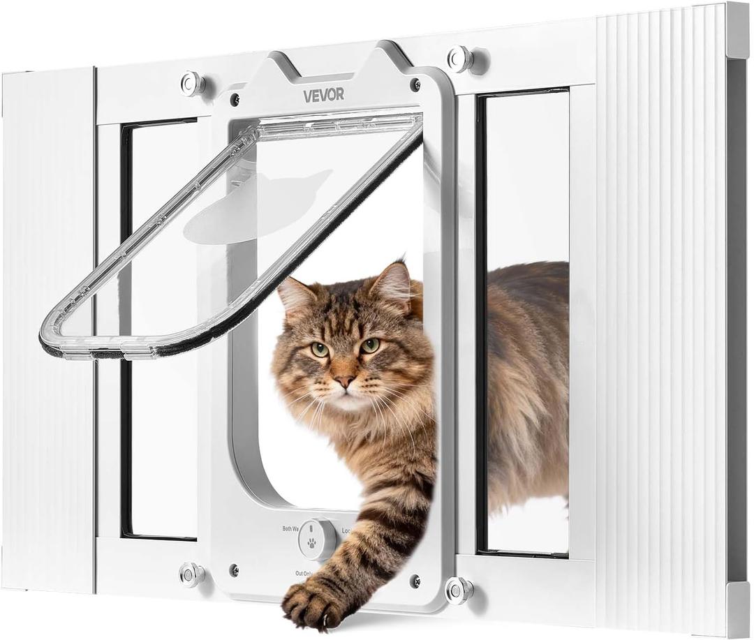 VEVOR Cat Door for Window, Adjustable to Fit Window Width 23"-28", 4 Secure Lock Modes, Aluminum Frame and High-Transparency Glass, Magnetic Closure, Weatherproof Quick-Fit Pet Door for Cats, White