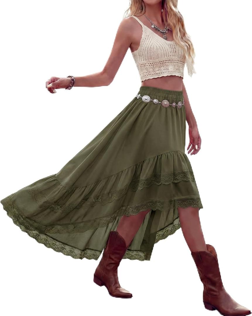 Cutecrop Women Asymmetrical Lace Ruffle Skirt Western Boho Skirt Elastic Waist Flowy Layered High Low Cowgirl Country Dress, XL