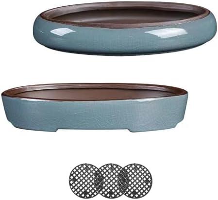 HUOMUSIR (10 Inch Shallow Bonsai Pots 1 Piece Set Water Glaze Blue Succulent Platter Bonsai Tree Ceramic Flower Pot Handmade (Excluding Plants)