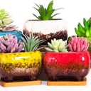 ARTKETTY Succulent Pots - 4.7 Inch Ceramic Succulent Planters Pots with Drainage Set of 5, Rectangular Bonsai Pots with Bamboo Trays Small Pots for Indoor Cactus Flower Plants for Home Office Decor