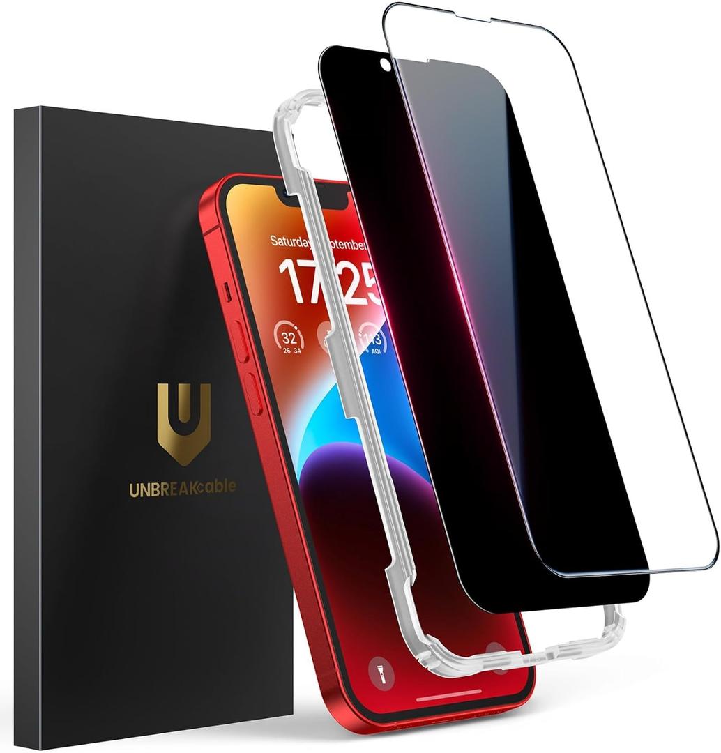 UNBREAKcable 2PCS Screen Protector for iPhone 14 Plus - 1 Privacy Tempered Glass+ 1 Clear Glass Double Shatterproof [Installation Frame] [9H Hardness] [Case Friendly] Anti-Scratch iPhone 6.7 inch
