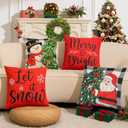 Christmas Pillow Covers 18x18 inch Set of 4, Christmas Decorations Snowman Santa Elk Sleigh Truck Plaid Winter Holiday Decor, Merry Christmas Throw Cushion Cases for Sofa Couch Living Room Home Decor (Red Black)