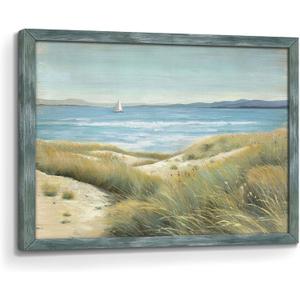 Coastal Beach Wall Art Framed: Seaside Ocean Seascape Picture Artwork Wooden Dunes Grass Landscape Painting Print Bathroom Home Room Decor 11 x 16 Inch