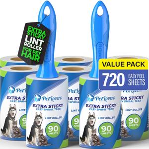 PetLovers Extra Sticky Lint Roller Mega Value Set 720 Sheets for Pet Hair Removal and Clothes, Dog and Cat Lint Remover 8 Pack.