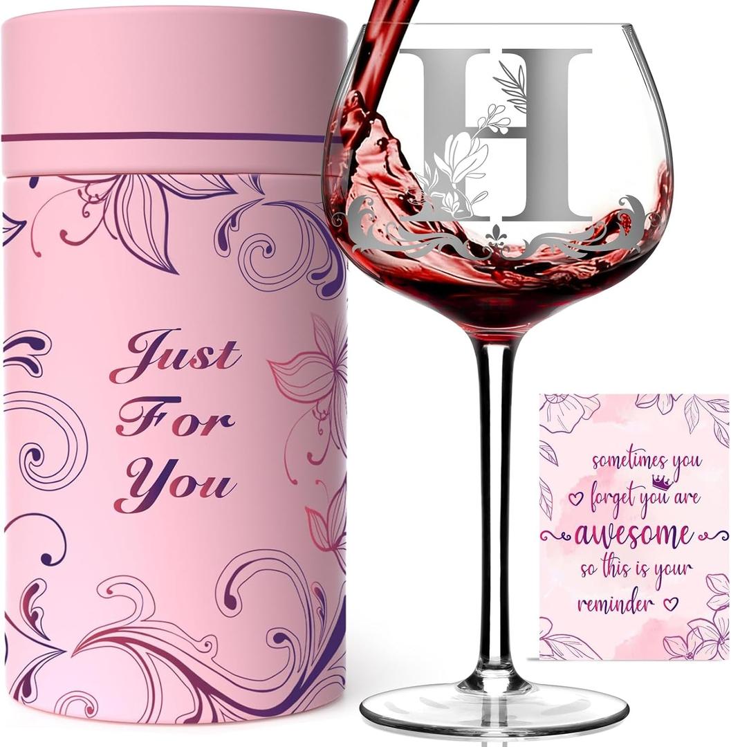 2 x Personalized Monogram Gifts for Women - Customized Initial A-Z Wine Glass, Unique Birthday Wine Gifts for Friend, Her, Mom, Wife, Sister, Daughter - 16oz Elegant Custom Stemmed Glassware (Letter H)
