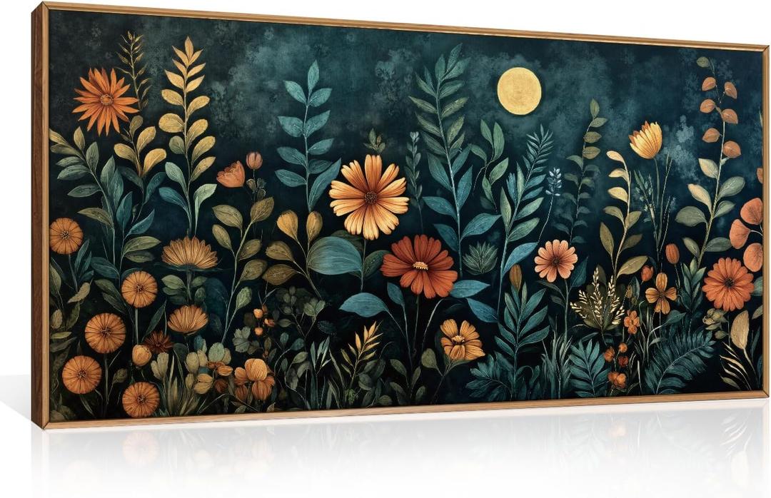 Vintage Dark Botanical Framed Canvas Wall Art Set, Colorful Floral Wall Decor, Nature Wildflower Wall Painting, Colorful Blossom Art Prints for Living Room, Bedroom, Office - 20"X40"x1