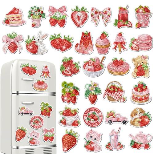 30 Pcs Strawberry Diamond Art Painting Magnets Kits Shortcake Magnetic Fridge Diamond Art Painting Kits Summer Cute Fridge Sticker Magnet 5D DIY Craft for Adult Beginner Gifts Toy Home Office Decor