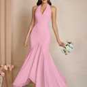 HTZMO Women Formal Sexy V Neck Halter Tie Maxi Dress Bodycon Flowy Wedding Guest Cocktail Elegant Long Dresses Pink M (M)